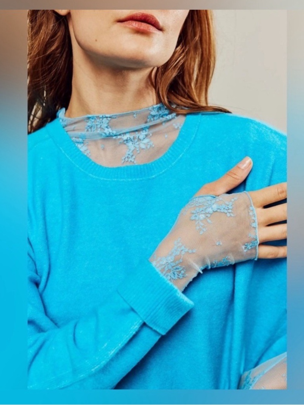 Free People intimately Small Lux Top Floral Lace Stretch Layering Tee Blue Bell - Picture 4 of 5